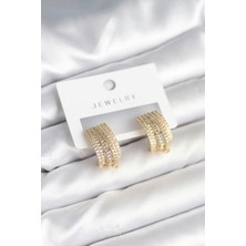 Asel Aksesuarcı Zirkon Taşlı Şerit Model Gold Renk Pirinç Kadın Küpe