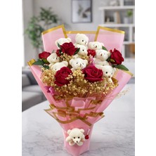 Kamira 10LU Peluş Ayıcık ve Kırmızı Gül Aranjmanı - Pembe Ambalajlı Dekoratif Buket