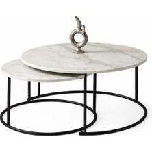 Beyaz Mermer Yavrulu Orta Sehpa Takımı – Siyah Metal Ayaklı