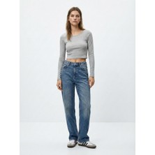 LTB Uzun Kollu Bisiklet Yaka Crop Gri Sweatshırt