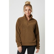 Modanı Seç Kadın Kahverengi Yarım Fermuarlı Peluş Polar Sweatshirt - Kışlık Yumuşak Sıcak Tutan Kazak