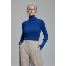 Modanı Seç Kadın Saks Mavisi Tam Boğazlı Fitilli Triko Kazak - Canlı Renk Yumuşak Dokulu Kışlık Örme Bluz