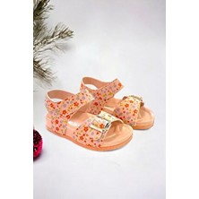 Ponchiq Pembe Çiçek Baskılı Tokalı Kız Çocuk Sandalet Yumuşak Dokulu Rahat Tasarım