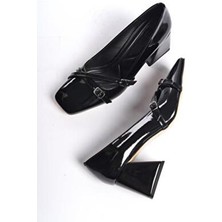 Modabuymus Tulia Siyah Rugan Mary Jane Kadın Kalın Topuklu Çapraz Bantlı Küt Burun Ayakkabı