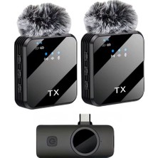 Coverzone Kablosuz Yaka Mikrofonu Çift Mikrofon Type-C Girişli Cihazlar ile Uyumlu Type-C Portlu Telefon Pc Tablet Video Kayıt Röportaj Canlı Yayın Vlog Kablosuz Mikrofon 1027