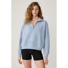 Urban Beat Aruna Kadın Dik Yakalı Fermuarlı Baskı Detaylı Relaxed Açık Mavi Sweatshirt