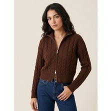 Okka Moda Kahve Saç Örgü Çift Fermuarlı Triko Hırka