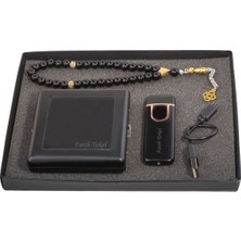 Hediye Shop Kişiye ve Isme Özel Siyah Sigara Tabakası, Şarjlı Çakmak ve Tesbih Seti