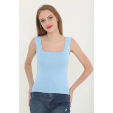 Mevese Vubba Mavi Kadın Kare Yaka Detay Crop Bluz