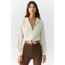 Urban Beat Tıanna Kadın Kapüşonlu Uzun Kollu Fermuarlı Relaxed Ekru Sweatshirt