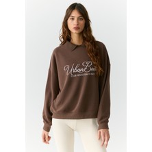 Urban Beat Alexıa Kadın Triko Gömlek Yakalı Baskı Detaylı Relaxed Kahverengi Sweatshirt