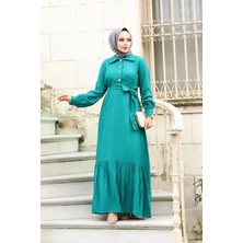 Tesettür Diyarı Jakarlı Gömlek Yaka Kuşaklı Tesettür Elbise- Turkuaz