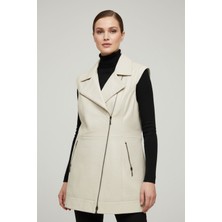 Beyaz Maude Kolları Trikolu Çıkabilir Uzun Fermuarlı Astarlı Hakiki Deri Kadın Yelek