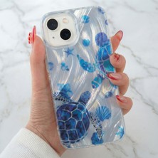 iPhone 13/14/15 Kılıf Hologramlı Mavi Caretta Kaplumbağa Desenli Darbe Emici Kamera Korumalı Silikon