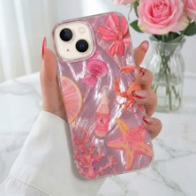 iPhone 13/14/15 Kılıf Hologramlı Pembe Yengeç Mercan Desenli Darbe Emici Kamera Korumalı Silikon