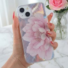 Fibaks iPhone 13/14/15 Hologramlı Mor Şakayık Çiçeği Desenli Silikon Kılıf Darbe Emici Kamera Korumalı