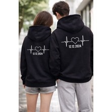 Shain Kişiye Özel Tarih Baskılı Sevgililer Günü Hediyesi Çift Kombin Siyah Kapşonlu Sweatshirt