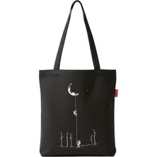 Baghashtag Aydan İnen Astronot Baskılı Siyah Bez Çanta
