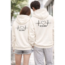Shain Kişiye Özel Tarih Baskılı Sevgililer Günü Hediyesi Çift Kombin Ekru Kapşonlu Sweatshirt