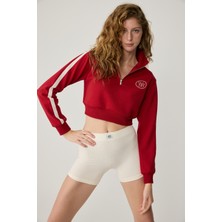 Urban Beat Helena Kadın Dik Yakalı Fermuarlı Küçük Baskı Motifli Crop Kırmızı Sweatshirt