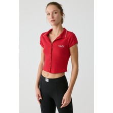 Urban Beat Kaela Kadın Triko Polo Yaka Düğmeli Kısa Kollu Baskı Detaylı Kırmızı T-Shirt