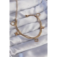 Zemira Home 316L Çelik Gold Renk Çift Zincir Yonca Tasarım Bileklik