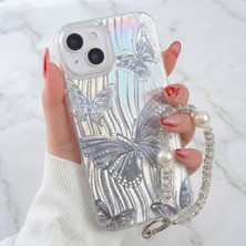 iPhone 13 - 14 - 15 Kılıf Hologram Charm Askılı Hologram Kelebek Tasarımlı Desenli Silikon Kapak
