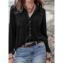 Dua Giyim Kadın Uzun Kollu Yakalı Önden Düğmeli Cep Detaylı Kadife Gömlek