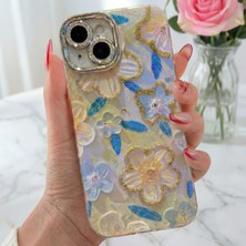 Fibaks iPhone 13 Kılıf Renk Geçişli Taşlı Kamera Lens Korumalı Simli Yeşil Çiçek Desenli Darbe Emici Kapak