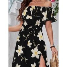 Dua Giyim Kadın Kısa Kollu Madonna Yaka Fırfırlı Belden Yırtmaçlı Maksi Örme Krep Elbise