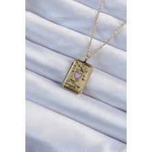 Zemira Home 316L Çelik Zincir Eskitme Altın Renk Pembe Mineli Kalp Figürlü Tarot Kolye
