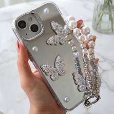 Fibaks iPhone 13 - 14 - 15 Kılıf Aynalı Charm Kelebek Askılı Inci Tasarımlı 3D Desenli Silikon Kapak
