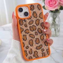 iPhone 13 - 14 - 15 Uyumlu Kılıf Içi Kadife Leopar Tasarımlı Turuncu Taşlı Işıltılı Pırlanta Silikon