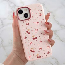 Apple iPhone 13 - 14 - 15 Kılıf Renkli Kamera Çıkıntılı Kiraz Fiyonk Desenli Silikon Koruyucu Kapak