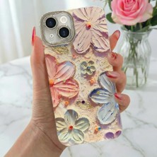 Fibaks Apple iPhone 13 Kılıf Renk Değiştiren Taşlı Kamera Lens Korumalı Pembe Çiçek Desenli Darbe Emici Kapak