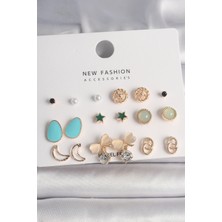 Zemira Home Pirinç Gold Renk Zirkon Taşlı Fiyonk Hilal Figür 9 Çift Kadın Küpe Seti