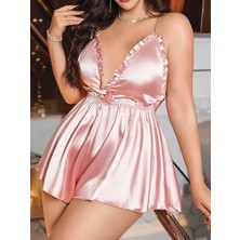 Red Womans Büyük Beden Pudra Arkadan Bağlamalı Tulum Saten Babydoll Gecelik