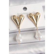 Clariss Pirinç Gold Renk Kalp Model Sallantı Inci Damla Model Kadın Küpe