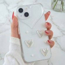 Fibaks Apple iPhone 13 Kılıf Kalpli Inci Desenli Kalp Kamera Tasarımlı Şeffaf Kamera Korumalı Silikon Kapak