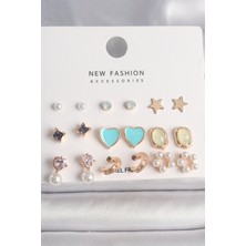 Clariss Pirinç Gold Renk Zirkon Taşlı Incili Çiçek Mavi Kalp Figür 9 Çift Kadın Küpe Seti