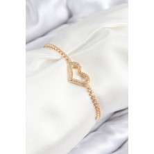 Clariss Pirinç Zirkon Taşlı Kalp Model Gold Renk Asansörlü Kadın Bileklik