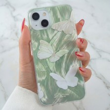 Apple iPhone 13/14 Uyumlu Kılıf Parlak Hologram Yeşil Kelebek Desenli Darbe Emici Kamera Korumalı Silikon