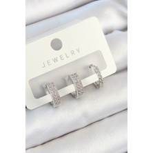 Clariss Pirinç Zirkon Taşlı Halka Model Gümüş Renk 3'lü Çift Kadın Küpe Set