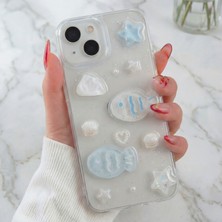 Apple iPhone 13 - 14 - 15 Kılıf Simli Mavi Balık ve Deniz Kabuğu Desenli Tasarımlı Silikon Kapak