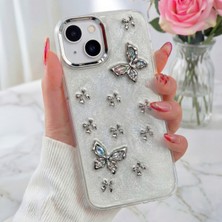 Apple iPhone 13 - 14 - 15 Kılıf Simli Fiyonk ve Kelebek Desenli Gümüş Kamera Çıkıntılı Parlak Kapak