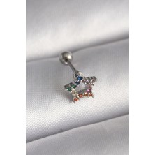 Clariss 316L Çelik Gümüş Renk Renkli Zirkon Taşlı Yıldız Model Tragus Piercing