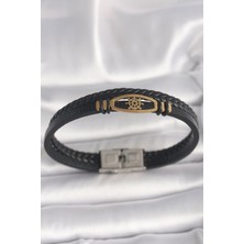 Clariss 316L Çelik Gold Renk Gemi Dümen Figür Siyah Renk Çift Sıra Burgu Desenli Deri Kordon Erkek Bileklik