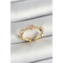 Clariss Pirinç Sıralı Kalp Figürlü Zirkon Taşlı Gold Renk Ayarlanabilir Kadın Yüzük