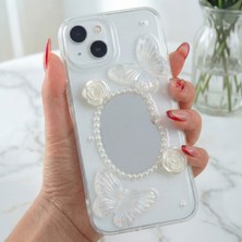 Apple iPhone 13 - 14 - 15 Kılıf 3D Kelebek Gül Desenli Aynalı Simli Şeffaf Tasarımlı Silikon Kapak