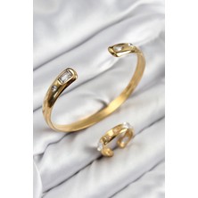 Clariss Pirinç Zirkon Taşlı Ayrık Model Gold Renk Bileklik Yüzük Set